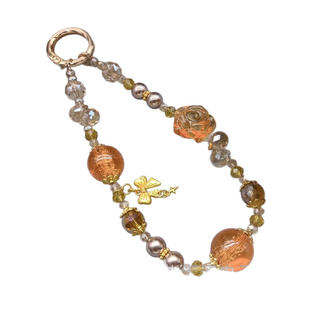 Handgjord Retro Blomma Kristall Telefonband & Nyckelring - Genomskinlig Ros Pärlberlock för Väskor