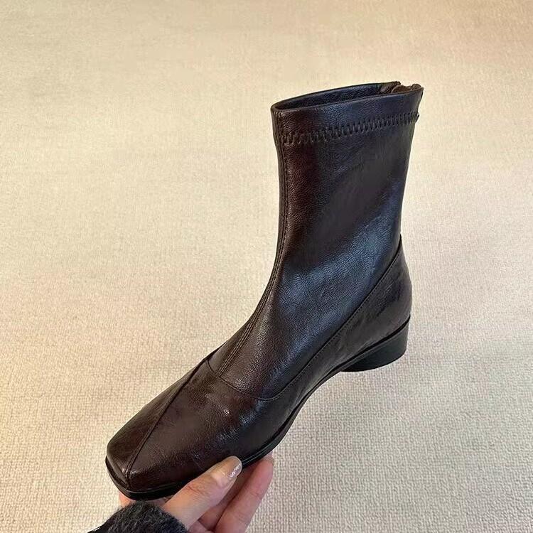 Retro low-heeled thin boots, rear zipper square head thin elastic boots, women's new versatile commuter temperament short boots