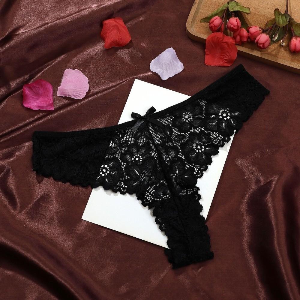 Thin Floral Lace Seamless Panties Bow Thong Flower Underwear for Women Cotton Crotch Transparent Mesh Lace Briefs Daily