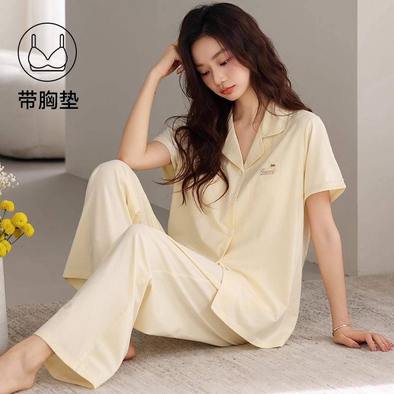 Pajamas with chest pads women's summer thin cotton short-sleeved trousers large size casual relaxation cardigan loungewear set