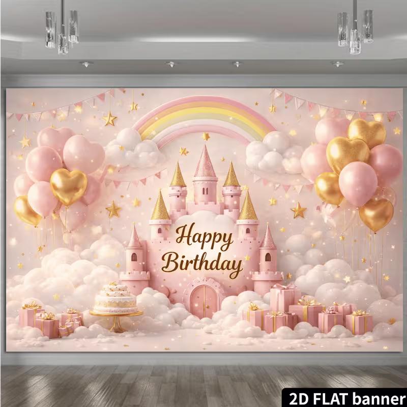 2D Girls Pink Castle Birthday Backdrop Banner Rainbow Background