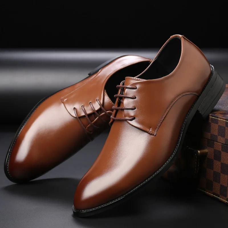 Men's Breathable Leather Shoes, Formal Business Shoes Pointed Lace Up Flat Bottom Wedding Shoes Men's Plus Size