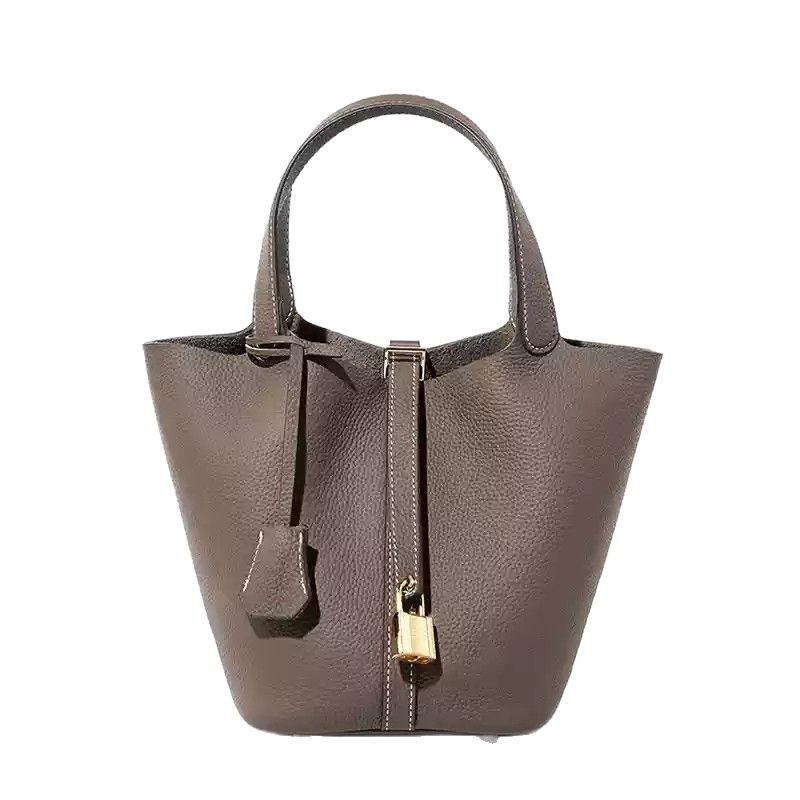 2024 kvinners ekte skinn Litchi-mønster bøtteveske - høst/vinter grønnsakskurv håndveske