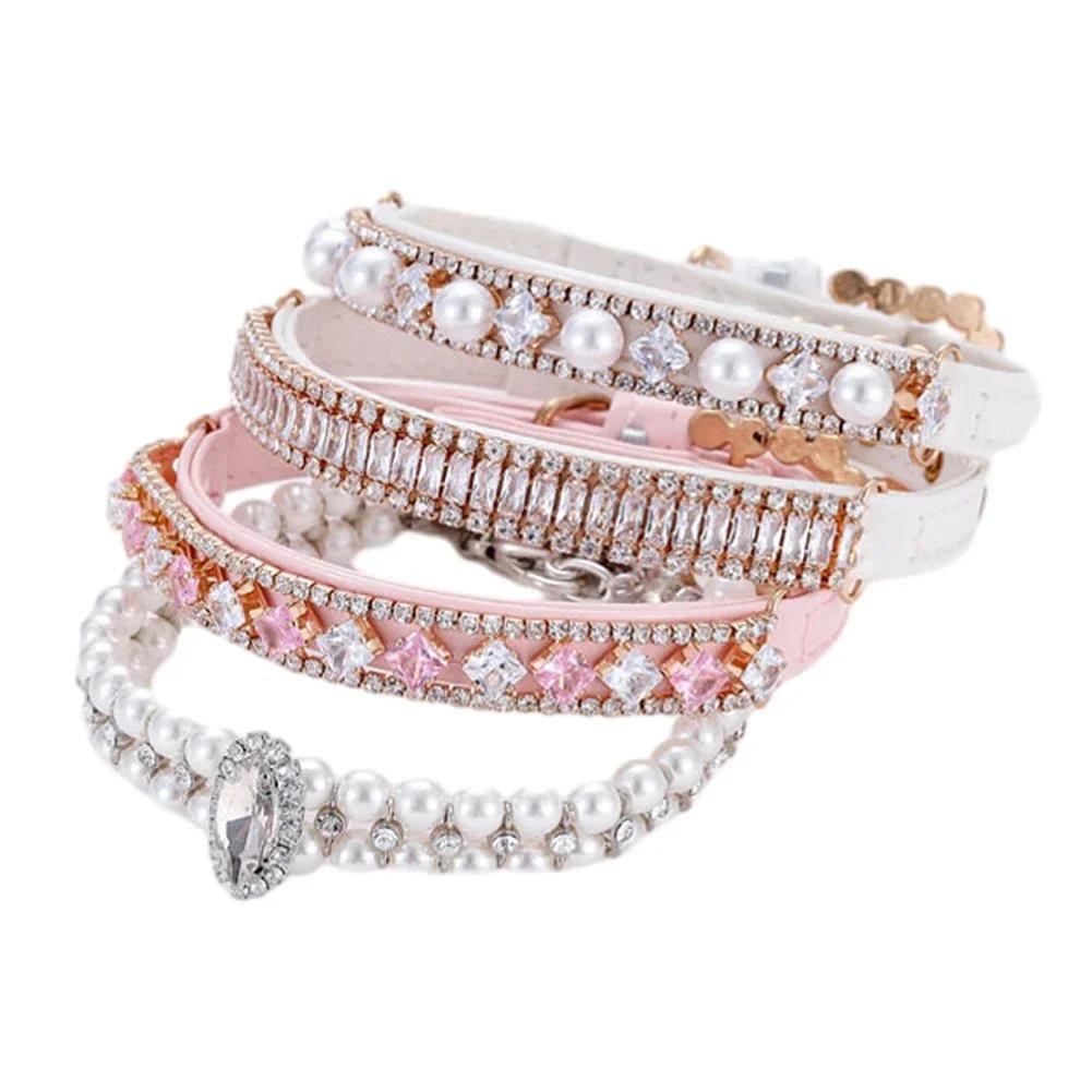 Luxury Pet Dog Pearls Collar and Leash Pearls Puppy Necklace Leather Pearl Leash with Crystal Rhinestone Small Dog Accessories