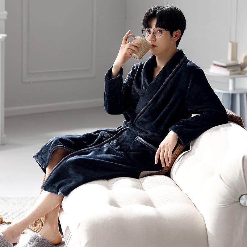 Nightgown Men'S Winter Coral Fleece Warm Fleece Thickened Medium And Long Flannel Robe Pajamas Men'S Winter Bathrobe
