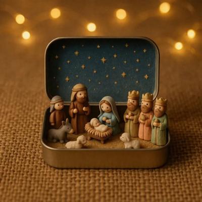 Yousheng Miniature Christmas Nativity Set In A Tin Box Handcrafted Pocket Nativity Scene Gift Small Religiou Holy Family Ornament for Desk Shelf