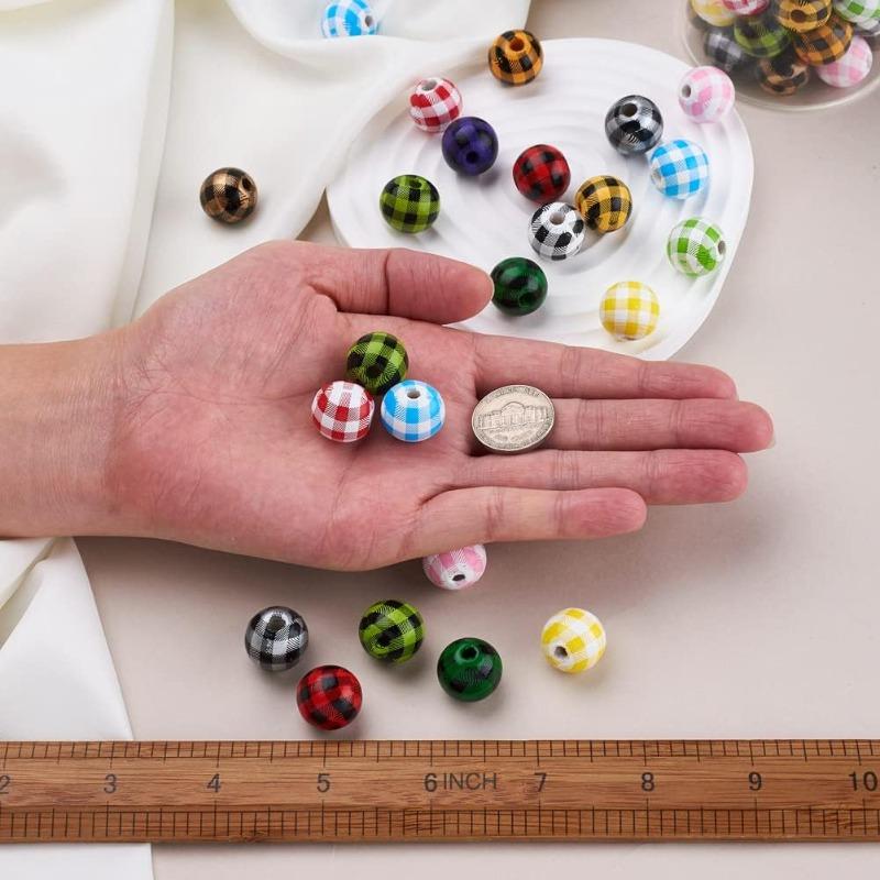 20pcs 16mm Natural Wood Buffalo Plaid Round Beads Wooden Tartan Pattern Loose Spacer Ball Beads for DIY Bracelet Necklace