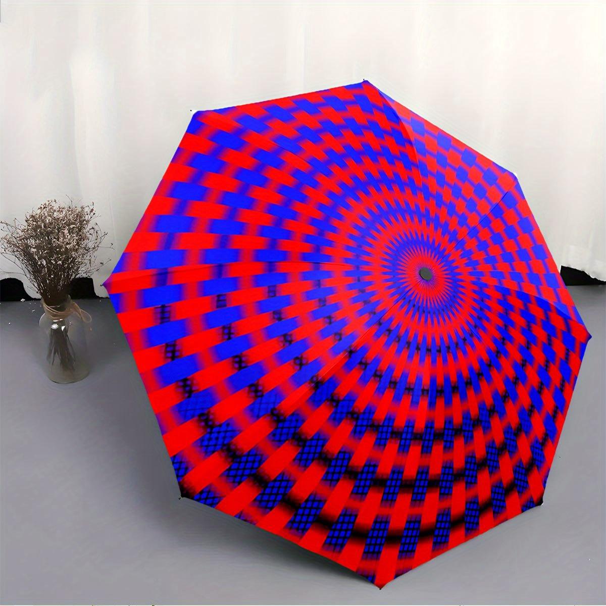 Folding Umbrella The umbrella features a dynamic pattern of alternating red and blue concentric squares, creating a vibrant an
