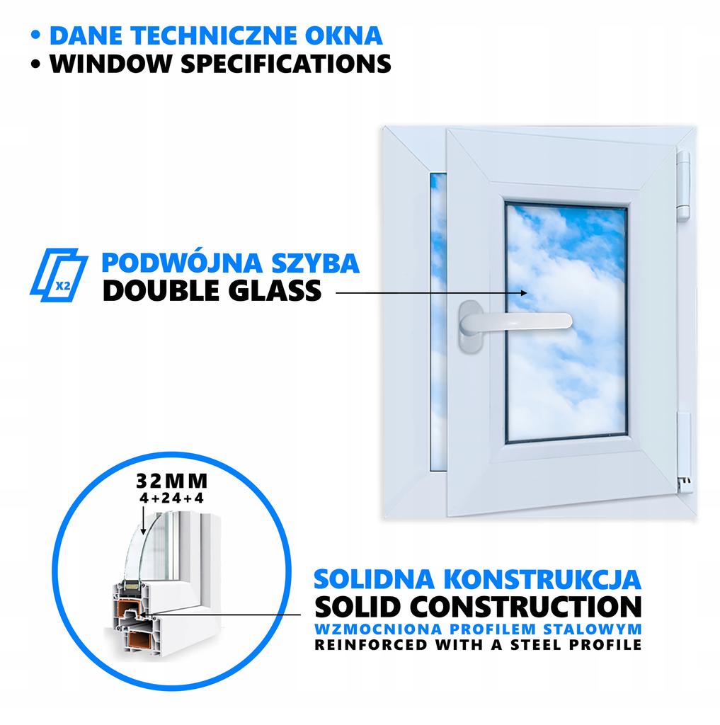 Okno PCV Białe 40x50 Prawe 400x500 mm Uchylno-Rozwierane Dwuszybowe