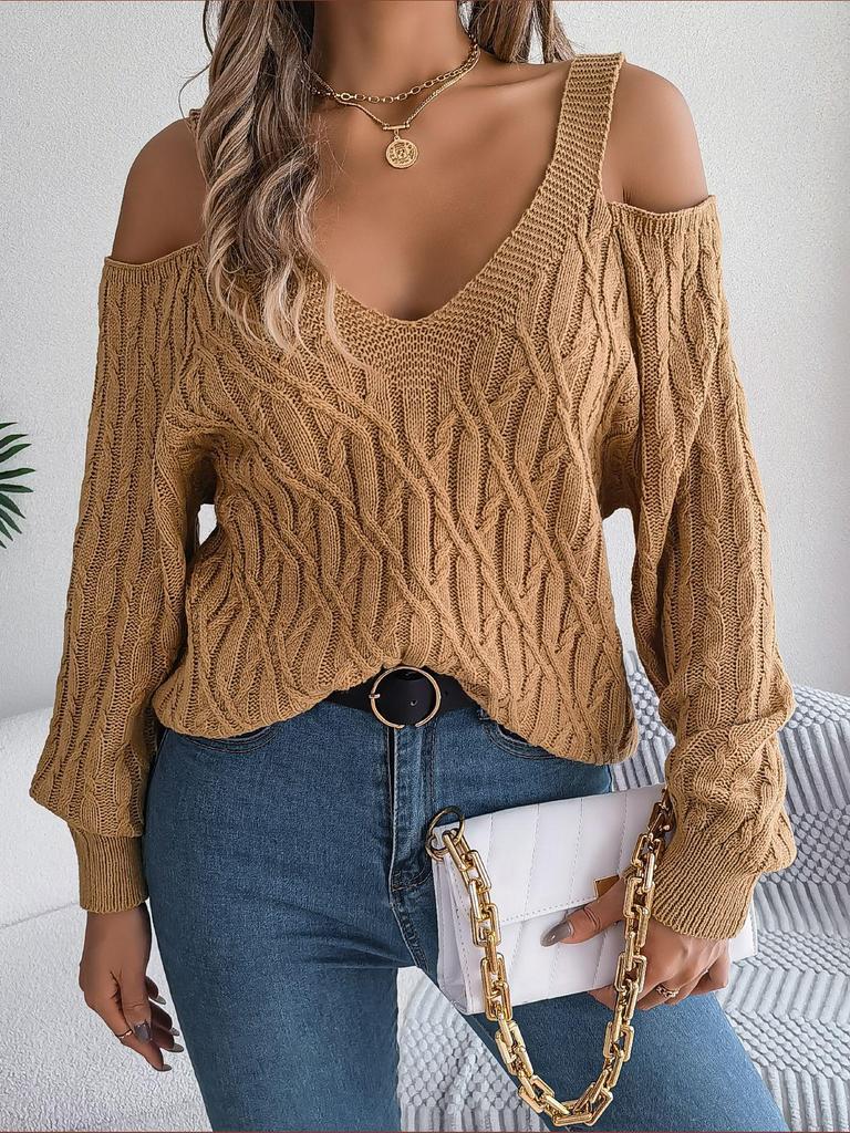 2025 Autumn/Winter Off-the-Shoulder Cable Knit Lantern Sleeve Sweater for Women