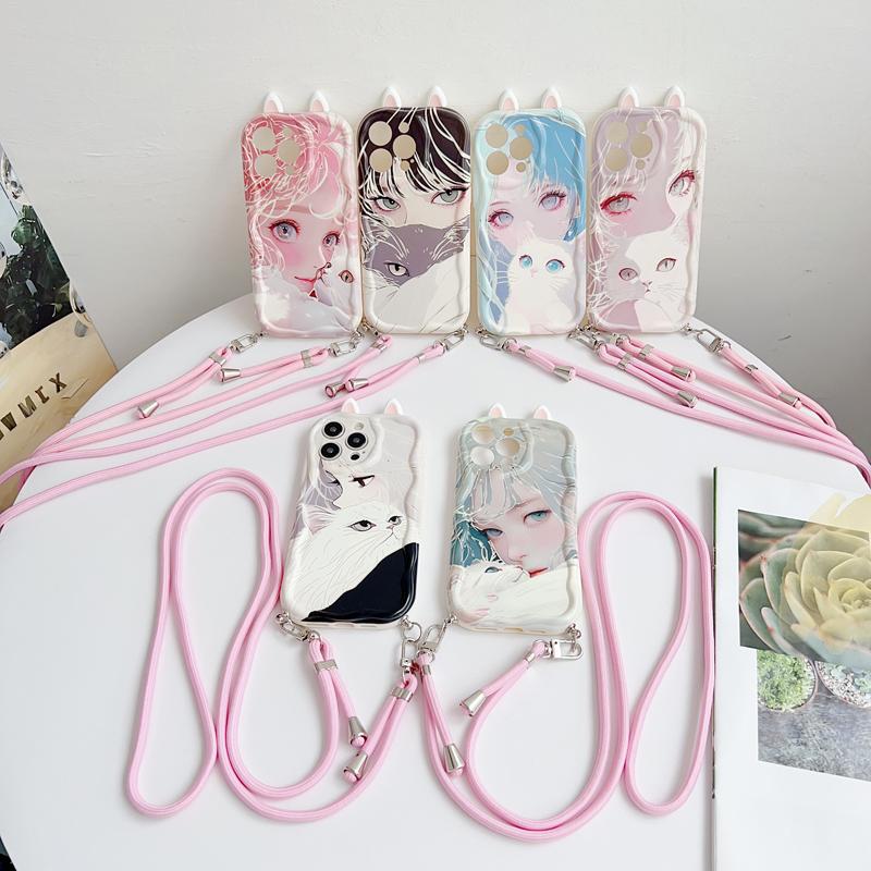 For VIVO V21E V25 E V30E V29 V40 SE Lite Vivo X100 S Ultra X200 Pro MINI Crossbody Strap Cartoon Cat Girl Phone Case Ears Cute