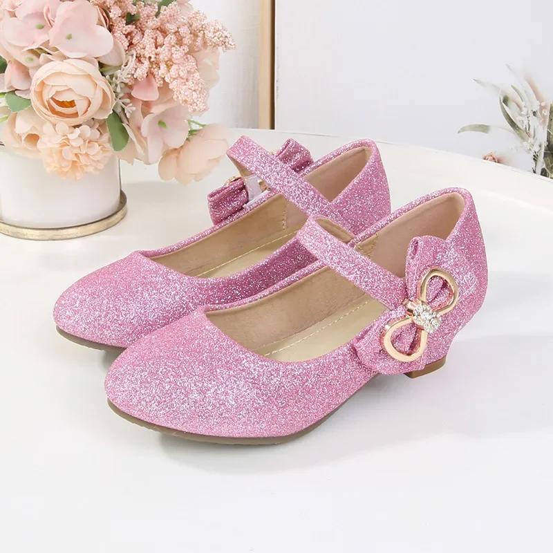New Luxury Girl Shoes Sweet Sequins Kids Leather Shoe for Princess Wedding Party Fashion Elegant Versatile Children High Heels