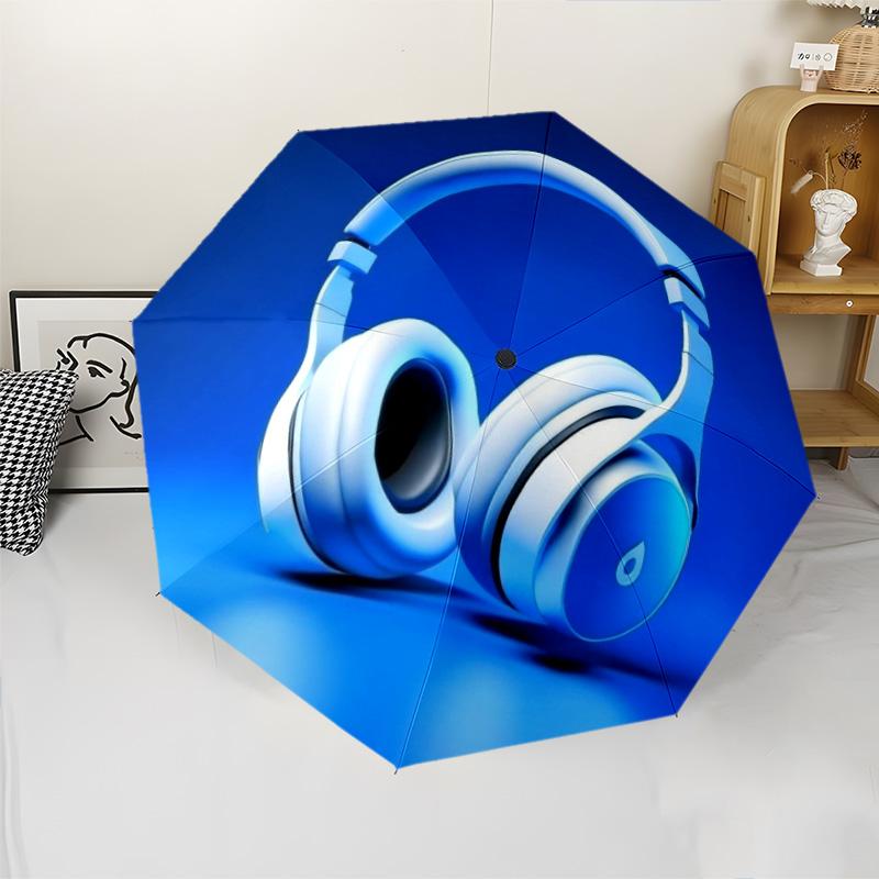 

Blue & White Headphone Print Folding Umbrella, Music Themed Compact Sun/Rain Umbrella for Teens