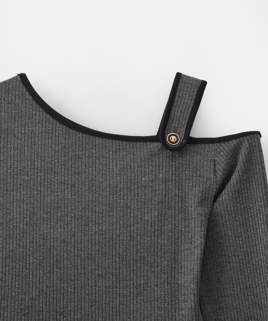 Salon De Yon One Shoulder Long Sleeve Mini Dress_ Charcoal