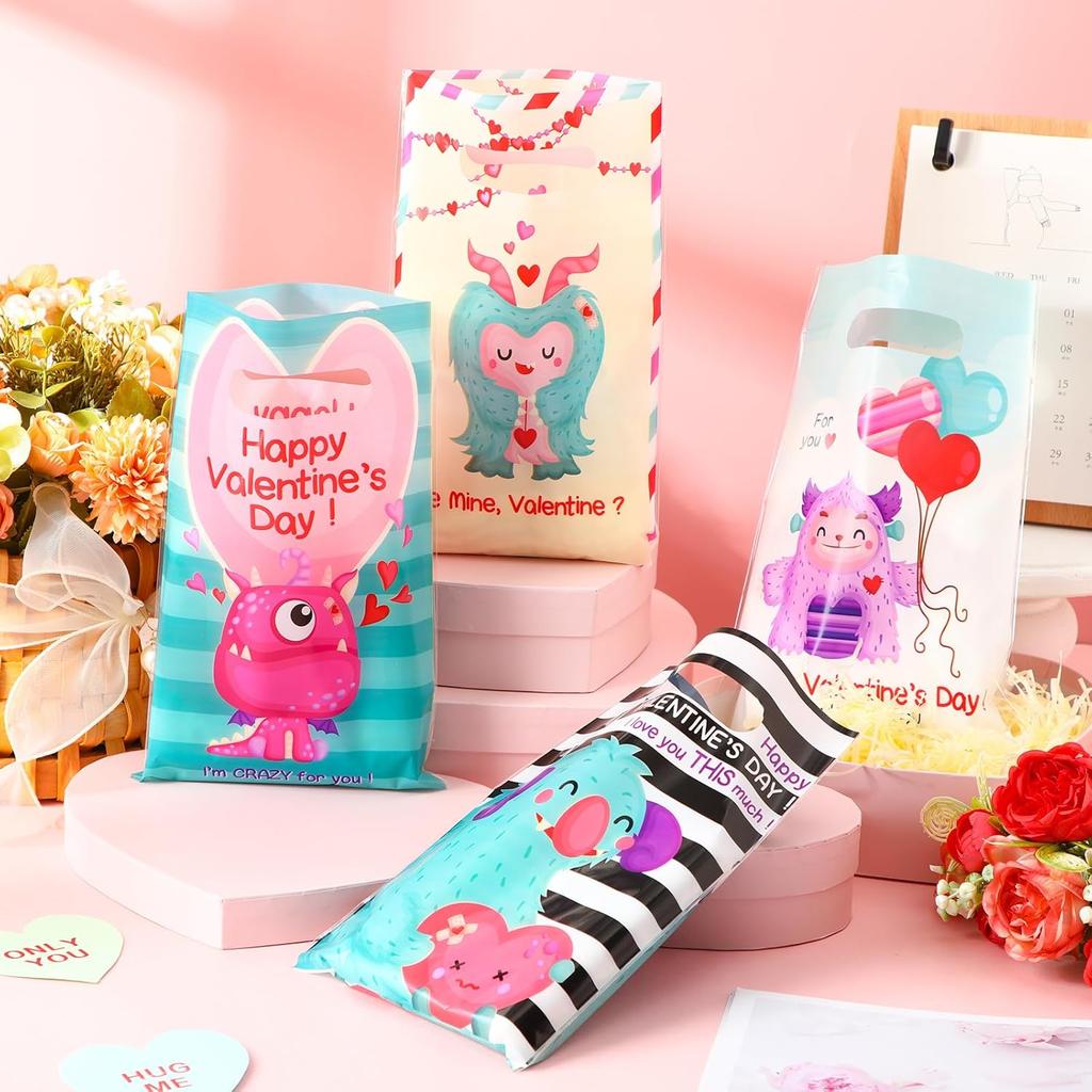 Jetec 240 Pieces Valentine's Day Plastic Gift Bags for Kids Valentine Monster Treat Bags Small Candy Bags Valentine's Day Goodie Bags with Handle