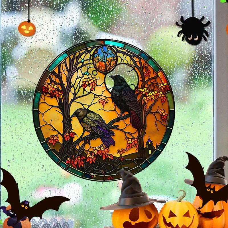 Halloween Stained Window Glass Stickers Colorful Horror Castle Cat Static PVC Glue Free Decorative Film Party Home Decoration