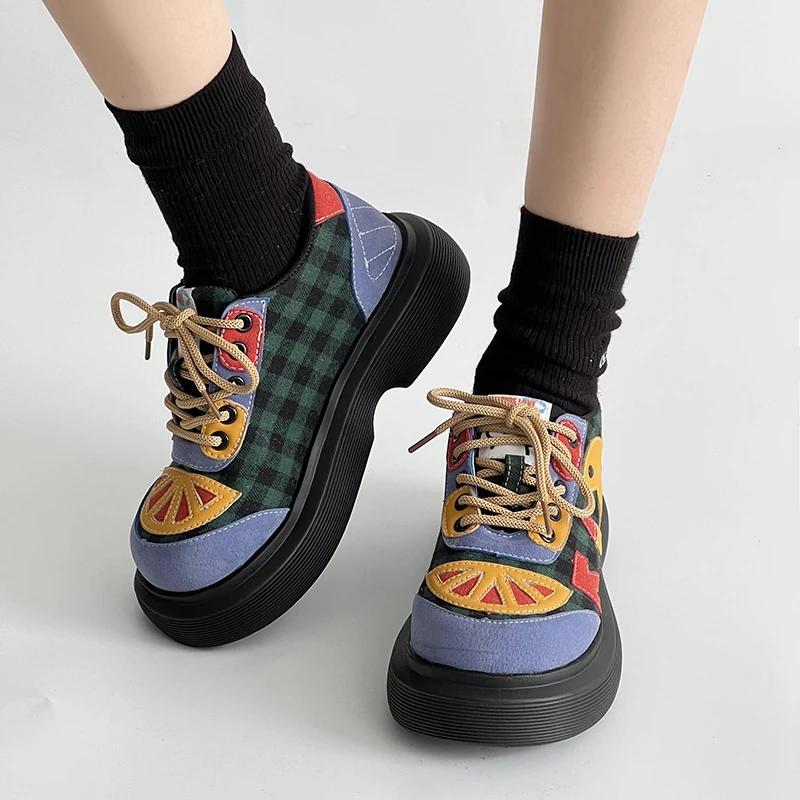 Fashion Women Mixed Color Chunky Heel Ankle Boots Fashion Ladies Walking Sneakers Colorful Expression Patches Soft-soled Platform Shoes