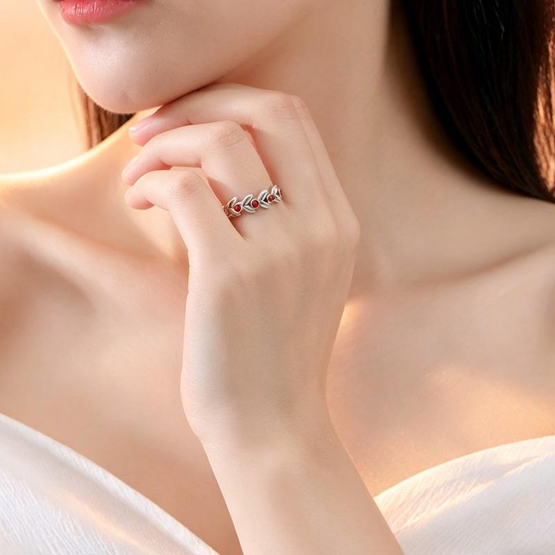 New Creative South Red Wheat Forest Style Fresh Leaf 925 Sterling Silver Jewelry Retro Opening Rings 02900