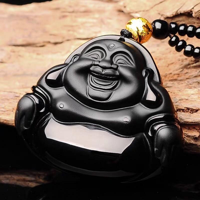 Obsidian Laughing Buddha Pendant Belly Maitreya Charm Classic Statue Jewelry