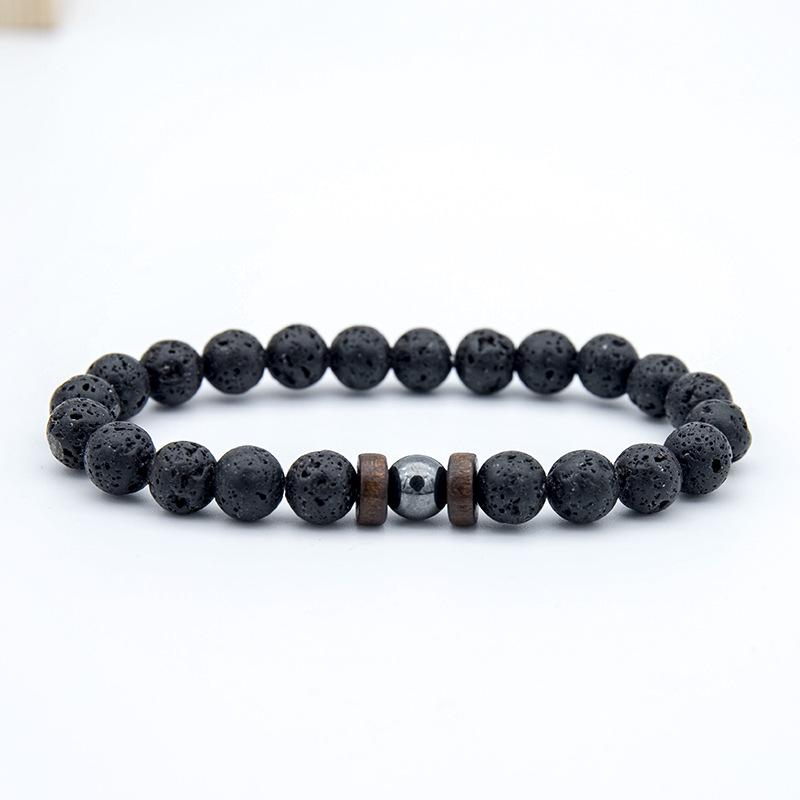 European & American Men s Handmade Beaded Bracelet: Volcanic Stone & Wood Bead