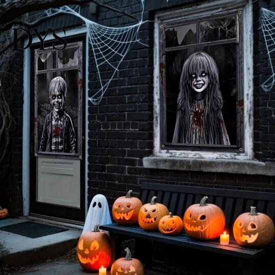 Festive Scene Layout 2Pcs Halloween Horror Window Clings, 80x120cm Spooky Ghost Skeleton Decorative Balcony Stickers Decal for Glass, Haunted