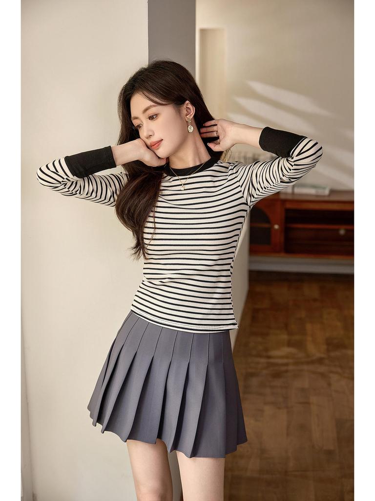 Premium Color Block Gestreiftes T-Shirt: Damen Langarm Oberteil aus reiner Baumwolle für die Herbst-/Wintermode 2025