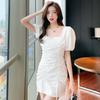 French gas waist bubble sleeve drawstring pleated new dress short sleeve square collar thin celebrity skirt