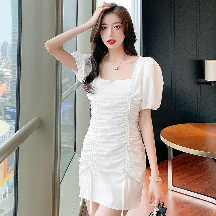 French gas waist bubble sleeve drawstring pleated new dress short sleeve square collar thin celebrity skirt