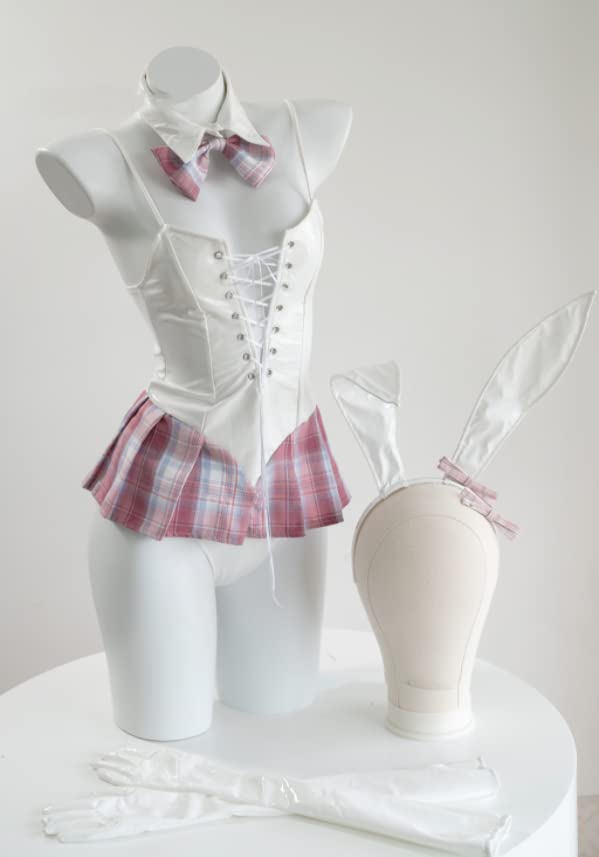 [Lavender] Twin Bunny Girl School-Style Underwear, PU Leather, Sexy Bunny Girl, Pink (Waist 64-74cm), Sizes S-M
