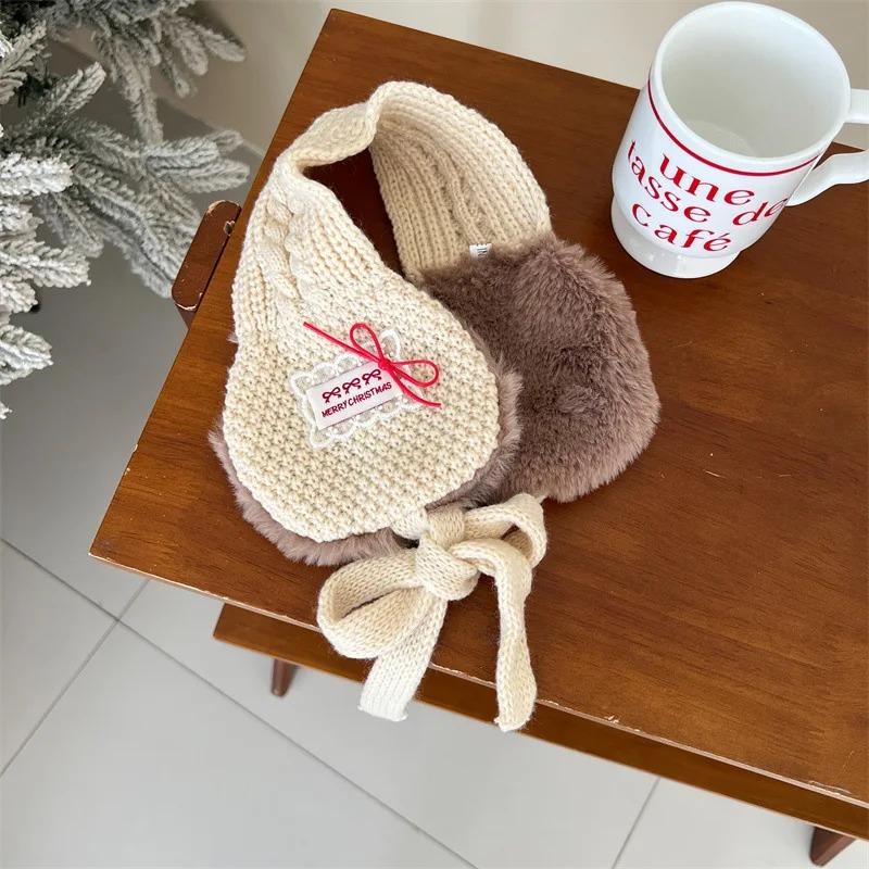 Korean Fahion Kids Ear Muffs Winter New Ins Girl Lace Tie Knitted Thicken Warm Hair Ear Covers Soft Baby Ear Warmer Headband