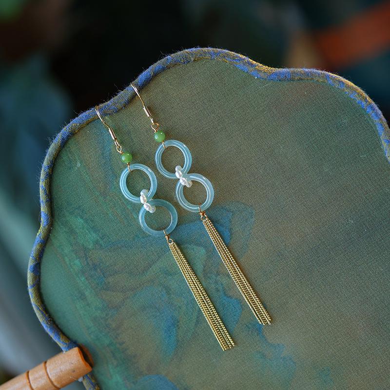 Retro Jade Hoop Earrings with Blue Water Tassels - 925 Sterling Silver Studs