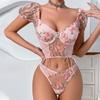 2024 Summer Floral Embroidery Lace-up Puff Sleeve Backless Lingerie Top