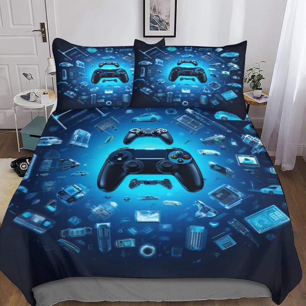 Gamer Duvet Cover Set 2Pcs Bedding Set With Pillowcase, Video Game Gamepad Controller Print Pattern Gaming Quilt Cover With Zip