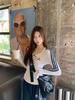 2026 Spring Korean Color Block V-Neck Long Sleeve Women's T-Shirt with Versatile Striped Embroidery Design