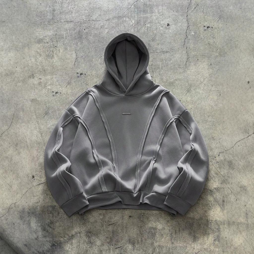 Men's American Deconstructed Hoodie Heavyweight 3D Panel Stitching Exposed Seam Loose Drop Shoulder Pullover