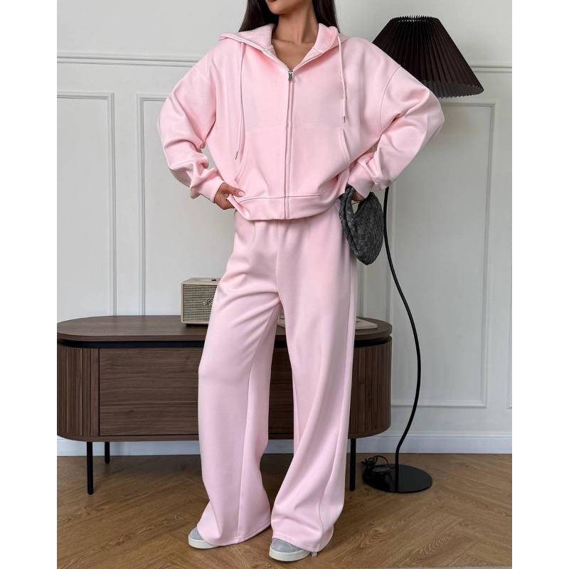 Women S Loose Hooded Zip Sweatshirt Tracksuit Two Piece Set Solid Color