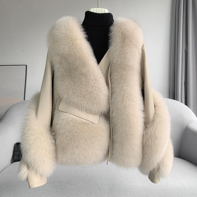 New Haining fox fur coat women's short, sheepskin locomotive suit fur integrated coat winter