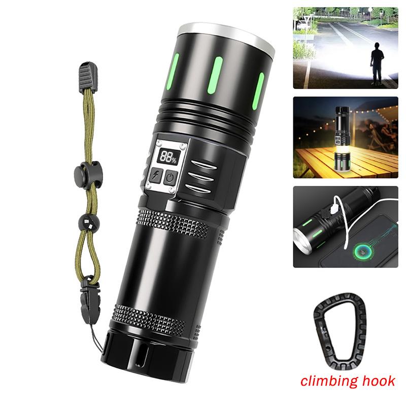 2-in-1 Rechargeable LED Flashlight Built-in Battery High Power Zoom Handheld Tactical Light Power Bank Outdoor Camping Torch