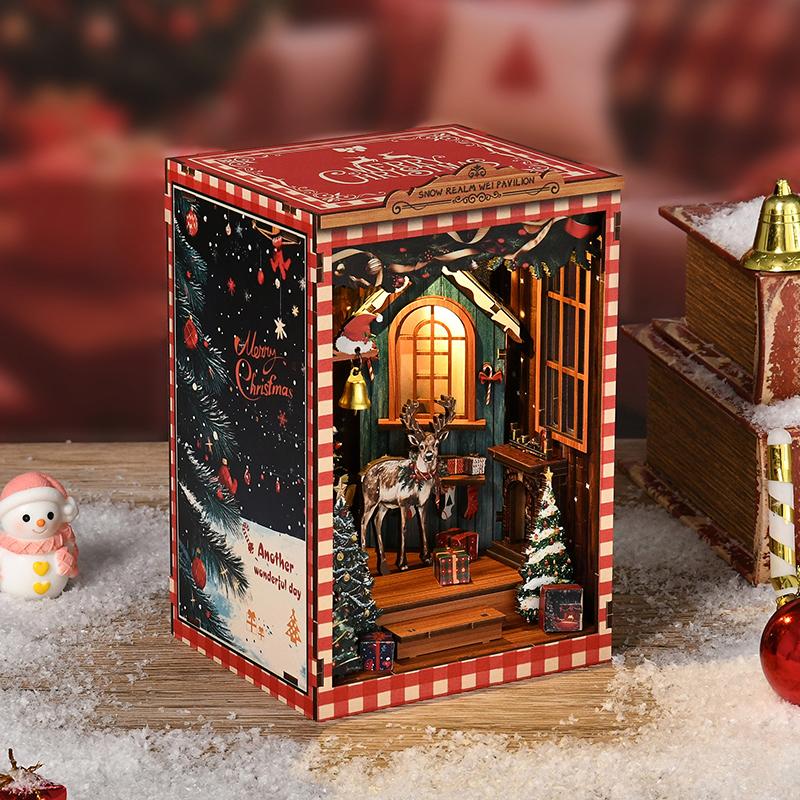 New Snow Globe DIY Miniature Book Nook - 3D Puzzle House Architecture Model Kit, Christmas & Black Friday Bookend Craft Gift