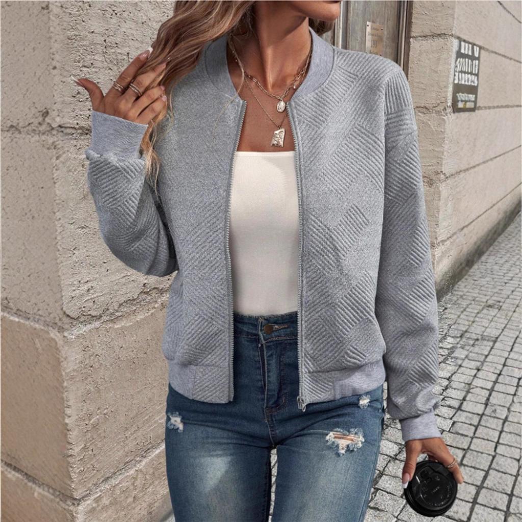 2026 Spring and Autumn Cross-border Amazon European and American Women's Clothing New Fashion Plaid Zipper Crew Neck Long Sleeve Jacket Women