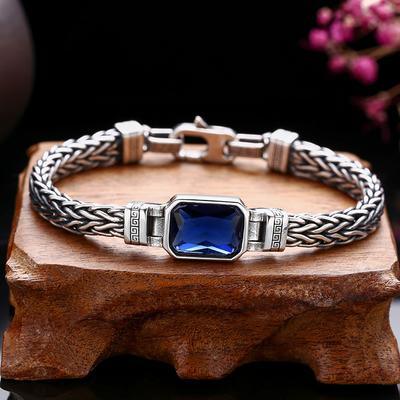 HX Zilverkleurige handgeweven handgemaakte armband 5MM Herenblauwe zirkoonset Trendy retro vintage armband Ins sieraden