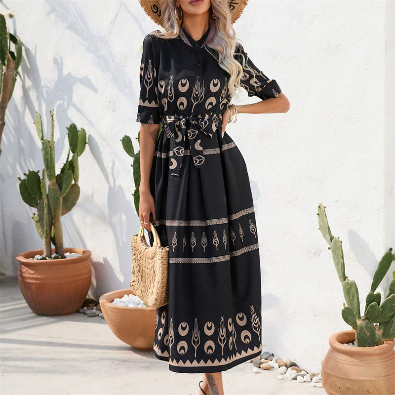 National Style Soft Dress Women's Clothing Half-Length Sleeve Printing Summer