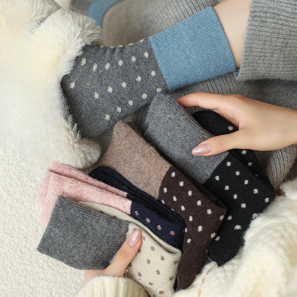 Warm Wool Socks for Women, Mid-calf Socks for Autumn and Winter, Thickened Color-blocked Polka Dot Winter Long Socks, Pile Socks