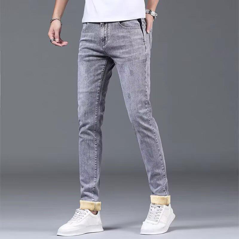Jeans d'hiver pour hommes 2024 Doublés polaire Épaissis Coupe droite ajustée Amples Extensibles Garde au chaud Décontractés Pantalons longs pour hommes