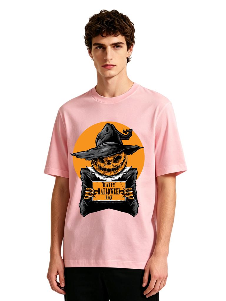 Mens Happy Halloween Pumpkin Scarecrow Graphic Tshirt Retro Spooky Print Casual Short Sleeve White Cotton Tee