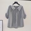 Kleines frisches blau gestreiftes Puppenkragenhemd Damen locker und dünn Baumwollhemd 1116 Sommer Mode mittellanges Oberteil