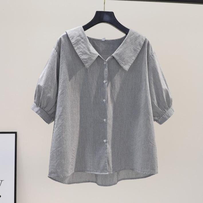 Small Fresh Blue Striped Doll Collar Shirt Women's Loose and Thin Cotton Shirt 1116 Summer Fashion Medium-sleeved Top