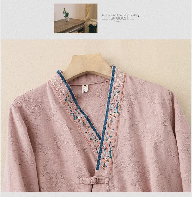 Damen Retro Chinesisch Besticktes Baumwoll-Leinen Langarm Hanfu Hemd
