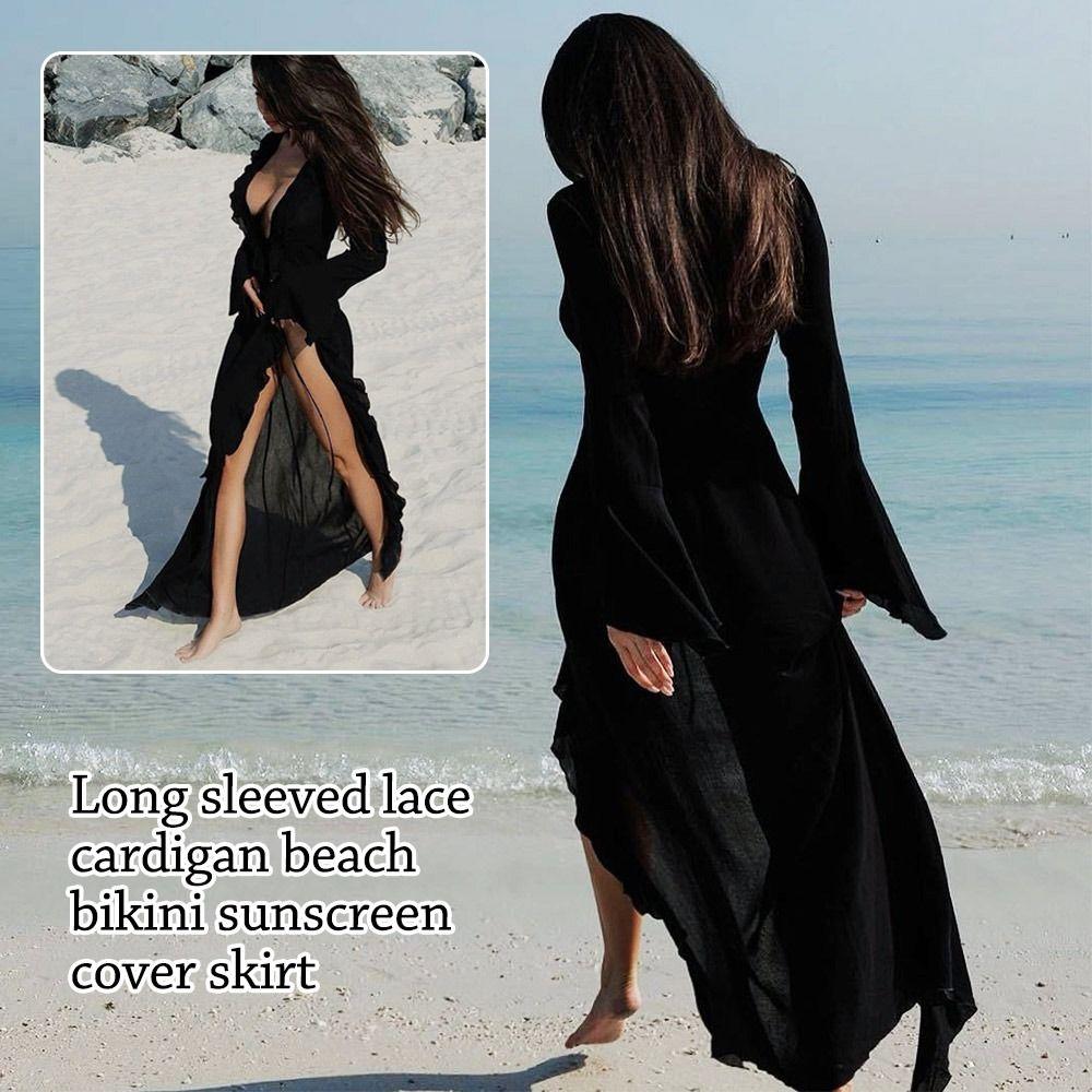 Long Sleeve Summer Beach Cover Up Ruffled Bikini Sunscreen Smock Fashion Beach Dress  for Women