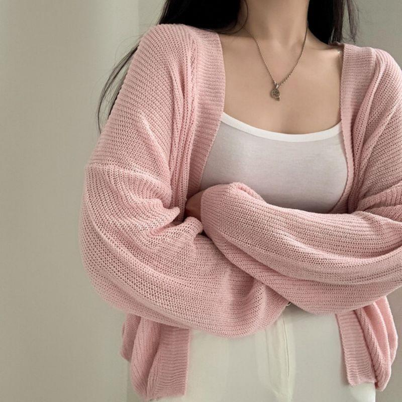 Solid color lazy loose thin sweater, all-match summer sunscreen ice silk knitted cardigan women 67288